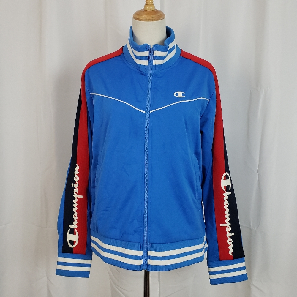 Champion Varsity Style Bomber Jacket with Striped Spellout Sleeve 2XL Blue White